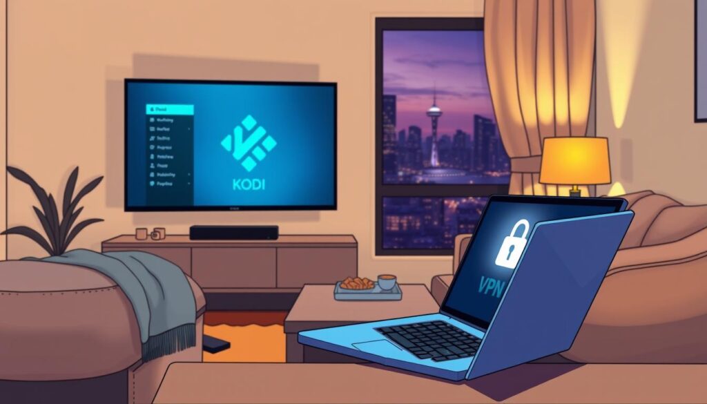 A modern living room setting with a smart TV displaying the Kodi interface on the screen. In the foreground, a sleek laptop connected to a VPN service symbolized by a glowing padlock icon. A cozy sofa with a throw blanket and a coffee table with snacks creates a relaxed atmosphere. Warm, soft lighting from a nearby lamp casts gentle shadows, enhancing the inviting feel. In the background, a window shows a twilight city skyline, symbolizing internet access and connectivity. The overall mood is secure and relaxed, emphasizing the importance of VPN safety while using Kodi. The image should be sharp and vibrant, capturing the essence of digital safety in home entertainment. A modern living room setting with a smart TV displaying the Kodi interface on the screen. In the foreground, a sleek laptop connected to a VPN service symbolized by a glowing padlock icon. A cozy sofa with a throw blanket and a coffee table with snacks creates a relaxed atmosphere. Warm, soft lighting from a nearby lamp casts gentle shadows, enhancing the inviting feel. In the background, a window shows a twilight city skyline, symbolizing internet access and connectivity. The overall mood is secure and relaxed, emphasizing the importance of VPN safety while using Kodi. The image should be sharp and vibrant, capturing the essence of digital safety in home entertainment.