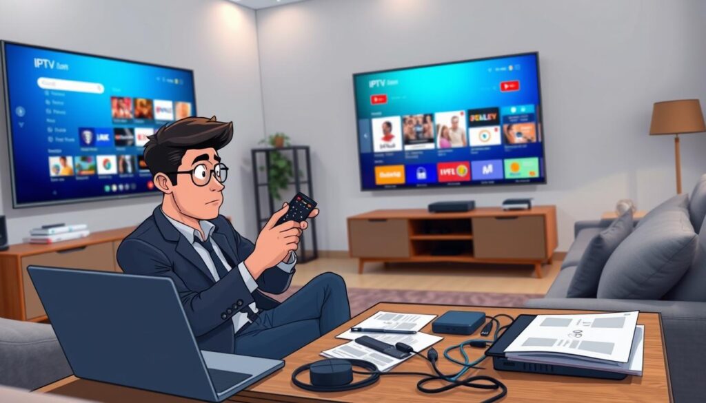 A modern living room setup with a sleek smart TV displaying a vibrant IPTV interface featuring various channel options. In the foreground, a focused individual dressed in smart casual attire is seated on a comfortable couch, intently troubleshooting a remote control, with an expression of determination. The middle ground includes a coffee table cluttered with technical tools like a laptop, cables, and an IPTV manual. The background showcases a stylish bookshelf and soft ambient lighting that creates a cozy yet professional atmosphere. The angle captures the scene from a slightly elevated perspective, enhancing the viewer's engagement. The overall mood is one of problem-solving and technological interest, emphasizing the theme of IPTV issue resolution and performance optimization. A modern living room setup with a sleek smart TV displaying a vibrant IPTV interface featuring various channel options. In the foreground, a focused individual dressed in smart casual attire is seated on a comfortable couch, intently troubleshooting a remote control, with an expression of determination. The middle ground includes a coffee table cluttered with technical tools like a laptop, cables, and an IPTV manual. The background showcases a stylish bookshelf and soft ambient lighting that creates a cozy yet professional atmosphere. The angle captures the scene from a slightly elevated perspective, enhancing the viewer's engagement. The overall mood is one of problem-solving and technological interest, emphasizing the theme of IPTV issue resolution and performance optimization.