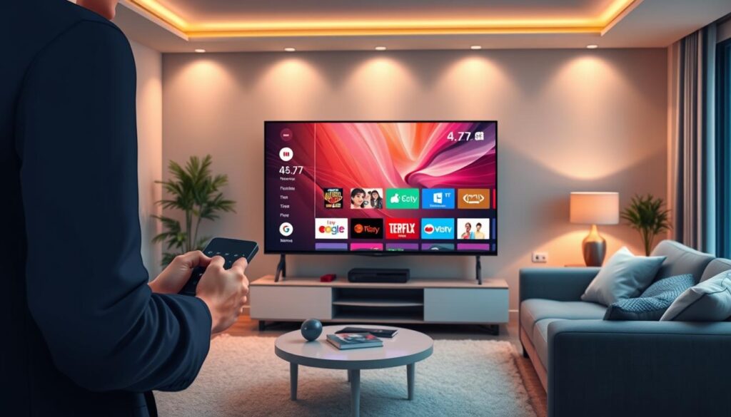A modern living room showcasing a sleek smart TV displaying an IPTV interface. In the foreground, a person in smart casual attire interacts with a remote control, highlighting the device's usability. The middle section features the TV with a dynamic, colorful IPTV guide, emphasizing optimization features like easy navigation and content recommendations. In the background, a cozy ambiance is created with soft lighting, showcasing comfortable furniture and decor that suggests a tech-savvy environment. The overall mood is inviting and innovative, promoting a seamless IPTV experience, with a lens effect that adds depth and warmth to the scene.