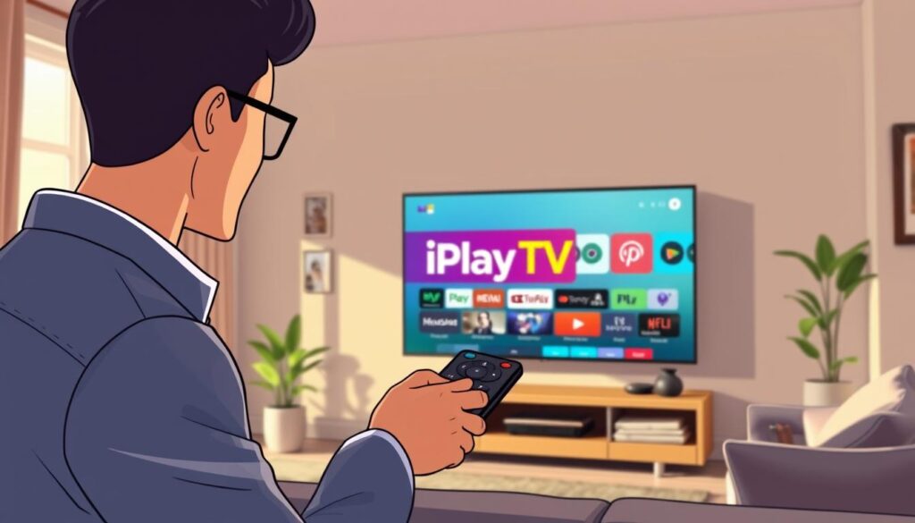 A modern living room showcasing a sleek smart TV displaying the iPlayTV app interface. In the foreground, a person in smart casual attire is interacting with the TV remote, focused on the screen. In the middle, the television features the vibrant iPlayTV logo with colorful app icons, indicating various streaming options. The background is a cozy, well-lit room with soft natural light streaming through a window, enhancing the inviting atmosphere. The walls are adorned with subtle decor, giving a sense of contemporary style. The shot is captured at a slight angle, emphasizing both the user and the TV, with a warm, engaging mood that reflects the ease of technology integration in daily life.