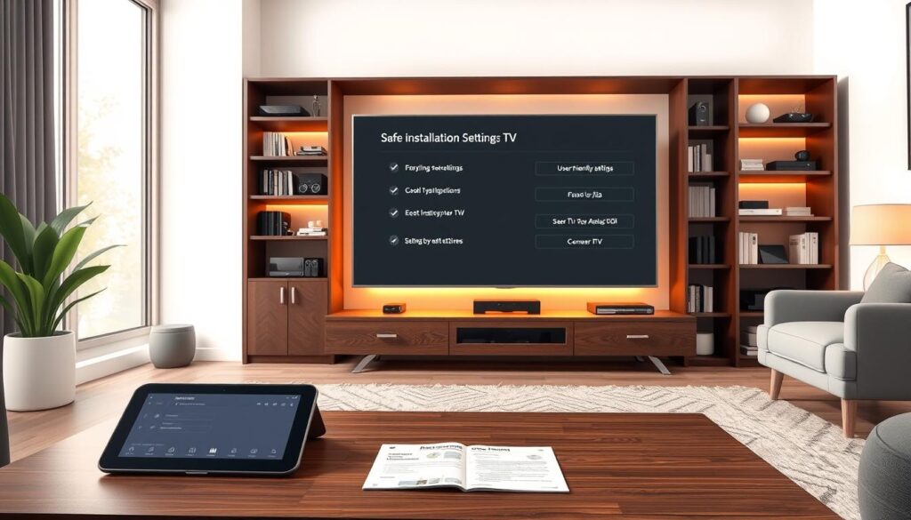 A modern living room showcasing a sleek smart television displaying safe installation settings for an IPTV app. In the foreground, there's a stylish coffee table with a tablet and instructional materials for smart TV setup. The middle ground features the smart TV with a user-friendly settings menu visible on the screen, illuminated softly by warm ambient lighting. Behind the TV, a stylish bookshelf filled with tech gadgets and decor items creates a cozy backdrop. The room is bathed in natural light from a nearby window, enhancing the feeling of comfort and safety. The overall mood is professional yet inviting, reflecting a space conducive to tech-savvy home entertainment setups. A modern living room showcasing a sleek smart television displaying safe installation settings for an IPTV app. In the foreground, there's a stylish coffee table with a tablet and instructional materials for smart TV setup. The middle ground features the smart TV with a user-friendly settings menu visible on the screen, illuminated softly by warm ambient lighting. Behind the TV, a stylish bookshelf filled with tech gadgets and decor items creates a cozy backdrop. The room is bathed in natural light from a nearby window, enhancing the feeling of comfort and safety. The overall mood is professional yet inviting, reflecting a space conducive to tech-savvy home entertainment setups.