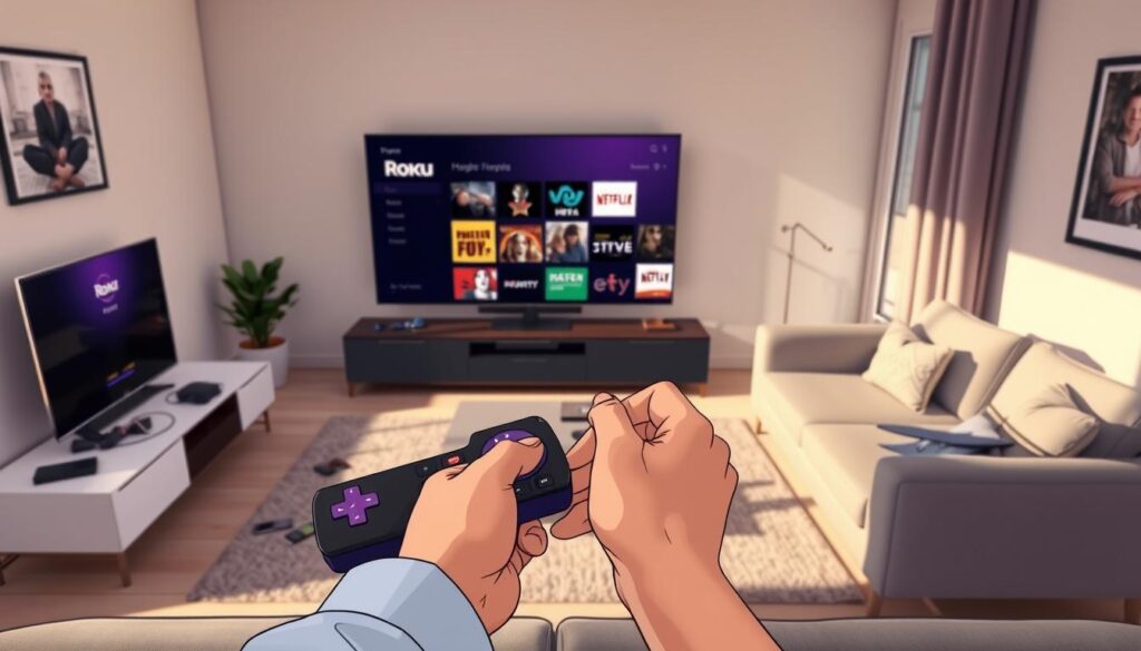 A modern living room with a focus on a Roku streaming device prominently displayed on a sleek TV stand. In the foreground, a pair of hands are adjusting settings on a Roku remote, conveying a sense of troubleshooting. Soft natural lighting streams in through a window, creating a warm, inviting ambiance. The middle ground features a contemporary sofa and a coffee table with tech gadgets scattered around, illustrating a troubleshooting scenario. In the background, a large TV screen displays the Roku interface, showcasing various streaming apps. The scene reflects a calm and productive atmosphere, emphasizing problem-solving and support in IPTV issues. The angle is slightly overhead, providing a comprehensive view of the setup. A modern living room with a focus on a Roku streaming device prominently displayed on a sleek TV stand. In the foreground, a pair of hands are adjusting settings on a Roku remote, conveying a sense of troubleshooting. Soft natural lighting streams in through a window, creating a warm, inviting ambiance. The middle ground features a contemporary sofa and a coffee table with tech gadgets scattered around, illustrating a troubleshooting scenario. In the background, a large TV screen displays the Roku interface, showcasing various streaming apps. The scene reflects a calm and productive atmosphere, emphasizing problem-solving and support in IPTV issues. The angle is slightly overhead, providing a comprehensive view of the setup.