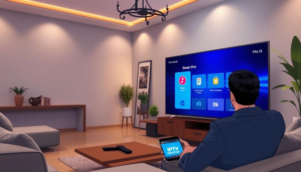 A modern living room with a sleek, flat-screen smart TV, displaying the IPTV Smarters Pro application interface. In the foreground, a well-dressed individual in professional business attire, seated comfortably on a stylish sofa, focused intently on the TV screen. The middle layer features a coffee table with a remote control and a smartphone showing the IPTV Smarters app. In the background, soft ambient lighting illuminates the room, creating a cozy atmosphere with tasteful decor, including plants and artwork. The angle should capture the viewer's perspective as if they are part of the experience, emphasizing the installation process on the smart TV. The overall mood is inviting and informative, showcasing a seamless tech-savvy environment. A modern living room with a sleek, flat-screen smart TV, displaying the IPTV Smarters Pro application interface. In the foreground, a well-dressed individual in professional business attire, seated comfortably on a stylish sofa, focused intently on the TV screen. The middle layer features a coffee table with a remote control and a smartphone showing the IPTV Smarters app. In the background, soft ambient lighting illuminates the room, creating a cozy atmosphere with tasteful decor, including plants and artwork. The angle should capture the viewer's perspective as if they are part of the experience, emphasizing the installation process on the smart TV. The overall mood is inviting and informative, showcasing a seamless tech-savvy environment.