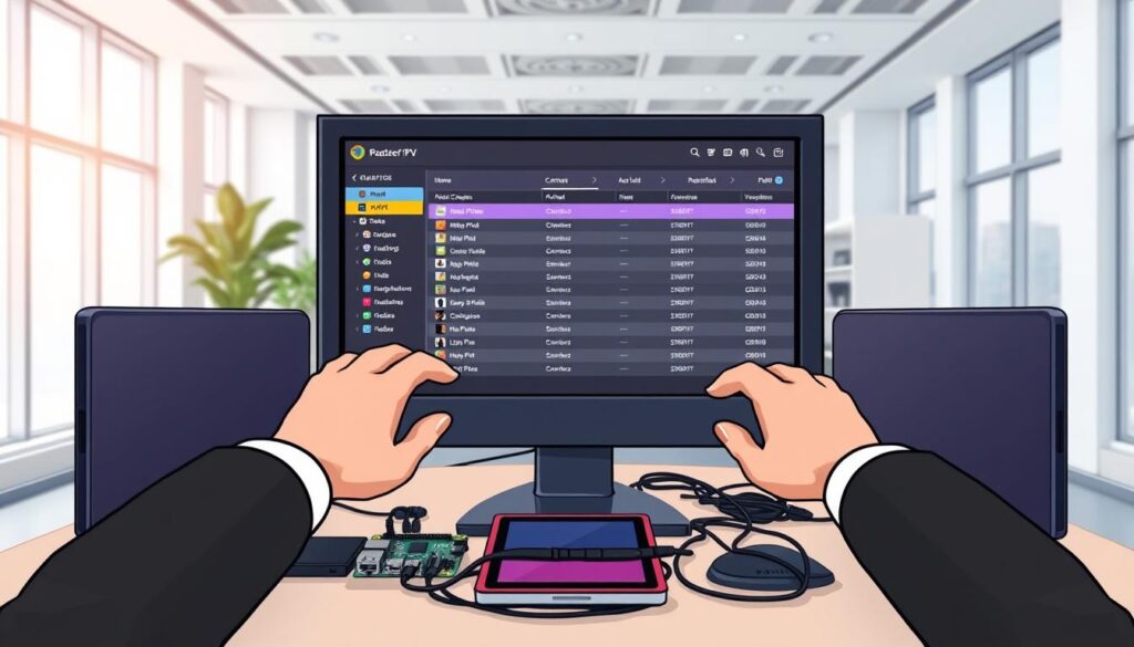 A modern, organized office workspace featuring a desktop computer screen displaying a colorful IPTV channel list management interface. In the foreground, a pair of hands, dressed in professional business attire, are actively navigating through a user-friendly software application. The middle of the image shows a clean desk cluttered with tech gadgets like a Raspberry Pi, a tablet, and neatly arranged cables. The background is a bright, well-lit office environment with large windows allowing natural light to stream in, complemented by soft overhead lighting. The atmosphere conveys productivity and efficiency, emphasizing an innovative approach to IPTV list management, with a focus on technology and organization. A modern, organized office workspace featuring a desktop computer screen displaying a colorful IPTV channel list management interface. In the foreground, a pair of hands, dressed in professional business attire, are actively navigating through a user-friendly software application. The middle of the image shows a clean desk cluttered with tech gadgets like a Raspberry Pi, a tablet, and neatly arranged cables. The background is a bright, well-lit office environment with large windows allowing natural light to stream in, complemented by soft overhead lighting. The atmosphere conveys productivity and efficiency, emphasizing an innovative approach to IPTV list management, with a focus on technology and organization.