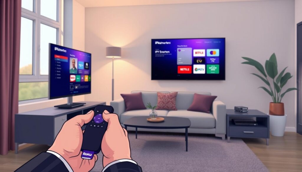 A modern, sleek living room setup featuring a Roku device prominently displayed on a stylish TV stand. In the foreground, a pair of hands, dressed in smart casual attire, are holding a Roku remote, poised to select the IPTV Smarters application on the screen. The TV shows a vibrant interface of IPTV Smarters, with colorful icons and a clear layout. In the middle, a comfortable sofa with decorative cushions and a small coffee table is visible, contributing to a warm and inviting atmosphere. The background features soft, ambient lighting that enhances the cozy feel of the room, with a window allowing gentle daylight to filter in, casting a natural glow. The mood is focused and tech-savvy, perfect for illustrating a guide on installing IPTV on Roku. A modern, sleek living room setup featuring a Roku device prominently displayed on a stylish TV stand. In the foreground, a pair of hands, dressed in smart casual attire, are holding a Roku remote, poised to select the IPTV Smarters application on the screen. The TV shows a vibrant interface of IPTV Smarters, with colorful icons and a clear layout. In the middle, a comfortable sofa with decorative cushions and a small coffee table is visible, contributing to a warm and inviting atmosphere. The background features soft, ambient lighting that enhances the cozy feel of the room, with a window allowing gentle daylight to filter in, casting a natural glow. The mood is focused and tech-savvy, perfect for illustrating a guide on installing IPTV on Roku.