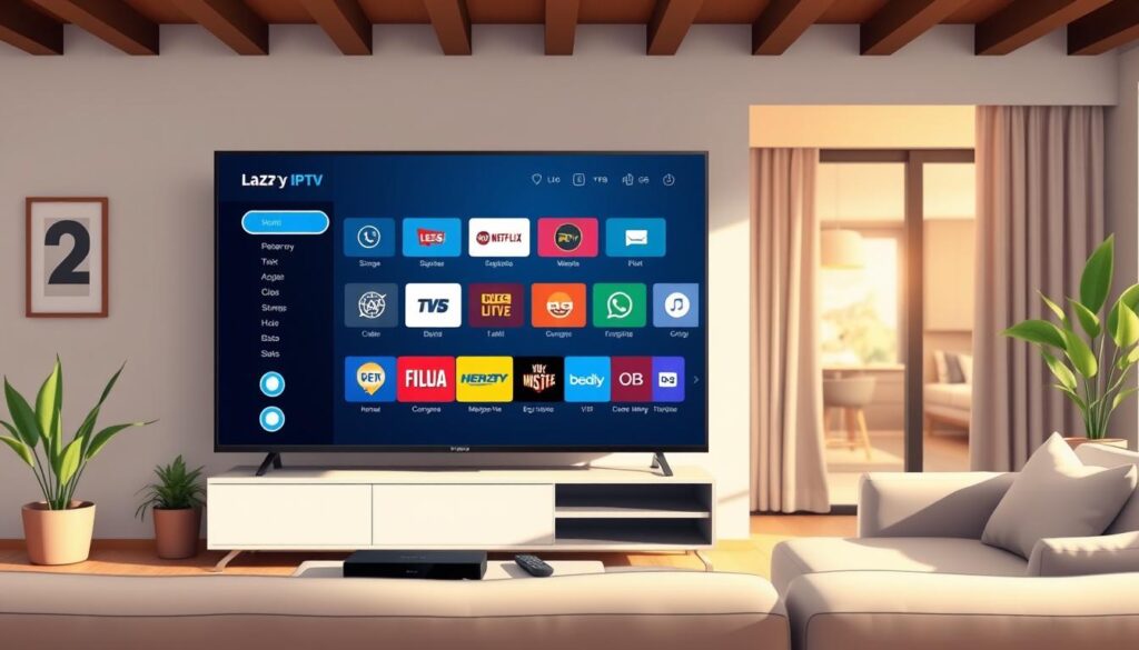 A modern smart TV displaying the Lazy IPTV interface, featuring an organized menu with stylish icons representing various streaming options. In the foreground, a sleek living room setup with a cozy sofa and decorative plants. The middle layer includes a warm, inviting ambiance with natural light streaming through a nearby window, highlighting the TV screen. The background showcases a modern home environment with hints of technology, such as a streaming device and remote control neatly placed on a coffee table. The image should convey a relaxed and user-friendly atmosphere, inviting viewers to explore the features and settings of the application, captured with a soft focus lens to enhance the inviting mood. A modern smart TV displaying the Lazy IPTV interface, featuring an organized menu with stylish icons representing various streaming options. In the foreground, a sleek living room setup with a cozy sofa and decorative plants. The middle layer includes a warm, inviting ambiance with natural light streaming through a nearby window, highlighting the TV screen. The background showcases a modern home environment with hints of technology, such as a streaming device and remote control neatly placed on a coffee table. The image should convey a relaxed and user-friendly atmosphere, inviting viewers to explore the features and settings of the application, captured with a soft focus lens to enhance the inviting mood.