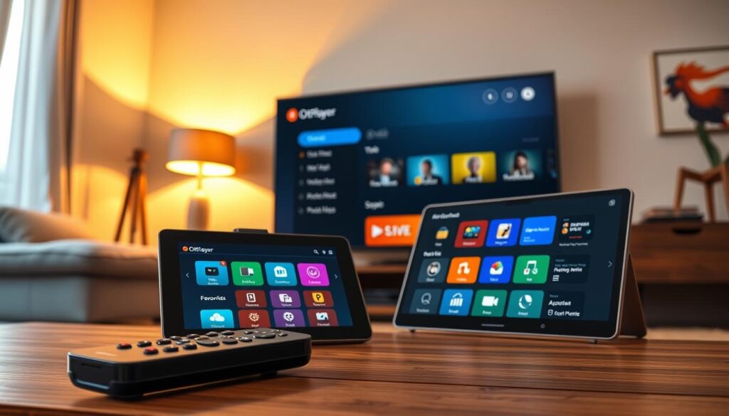 A modern smart TV interface displaying the settings and channel management of an application resembling OttPlayer. In the foreground, a sleek remote control lies next to a tablet showcasing a user-friendly app interface with vibrant icons and clear menus. The middle layer features the TV screen, with visible channel options and settings, such as "Add Channel," "Favorites," and "Watch List," glowing softly. In the background, a cozy living room setting, well-lit with warm lighting from a lamp, creates an inviting atmosphere. Soft shadows accent the furniture, while an abstract painting adds a touch of color to the walls. The lens perspective captures the entire scene at a slight angle, creating depth and highlighting the intuitive design of the TV interface.