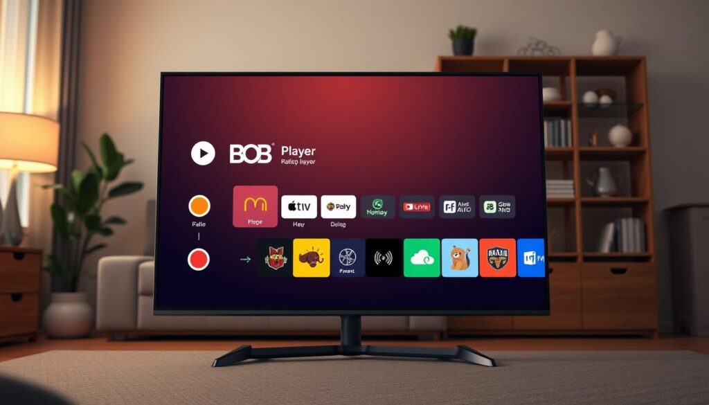 A modern smart TV interface showcasing the BOB Player application on a sleek, flat-screen display. The foreground features a detailed view of the BOB Player UI, highlighting vibrant icons and an intuitive navigation layout with user-friendly menus. The middle layer includes a comfortable living room setting, with subtle ambient lighting creating a relaxed atmosphere, emphasizing a cozy evening vibe. In the background, a stylish bookshelf filled with books and decorative items suggests a homely feel. The angle captures a slightly diagonal view of the TV, creating depth in the composition. Soft, warm lighting accentuates the sleek design of both the TV and the room, conveying a welcoming and interactive experience. A modern smart TV interface showcasing the BOB Player application on a sleek, flat-screen display. The foreground features a detailed view of the BOB Player UI, highlighting vibrant icons and an intuitive navigation layout with user-friendly menus. The middle layer includes a comfortable living room setting, with subtle ambient lighting creating a relaxed atmosphere, emphasizing a cozy evening vibe. In the background, a stylish bookshelf filled with books and decorative items suggests a homely feel. The angle captures a slightly diagonal view of the TV, creating depth in the composition. Soft, warm lighting accentuates the sleek design of both the TV and the room, conveying a welcoming and interactive experience.