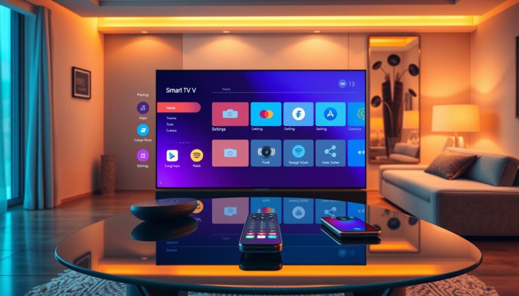 A modern television interface showcasing the features and customization options of a smart TV application. In the foreground, a vibrant digital screen displays a sleek user interface with various app icons like streaming services, settings, and customization options. The middle layer reflects a reflective glass coffee table displaying a remote control and a smartphone, suggesting ease of navigation. In the background, a stylish living room with warm lighting creates a cozy atmosphere, featuring a plush sofa and decorative media unit. The scene captures a futuristic yet user-friendly design, emphasizing the intuitive and accessible nature of the interface. Soft ambient lighting illuminates the interface, enhancing the inviting mood while maintaining a professional, contemporary aesthetic.