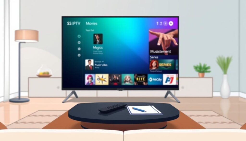 A modern, user-friendly interface of SS IPTV displayed on a sleek smart TV screen. In the foreground, the screen showcases a vibrant playlist management page adorned with colorful thumbnails representing various media types, like movies, series, and music videos. The middle ground includes a stylish coffee table with a remote control and a notepad with a pen, hinting at user interaction. The background features a cozy living room setting with minimalistic decor, soft lighting emanating from a floor lamp, creating a warm and inviting atmosphere. The scene is focused at a slight angle, emphasizing the user-friendly design of the app while maintaining clarity and detail. The overall mood should be professional yet relaxed, highlighting the ease of managing playlists on SS IPTV. A modern, user-friendly interface of SS IPTV displayed on a sleek smart TV screen. In the foreground, the screen showcases a vibrant playlist management page adorned with colorful thumbnails representing various media types, like movies, series, and music videos. The middle ground includes a stylish coffee table with a remote control and a notepad with a pen, hinting at user interaction. The background features a cozy living room setting with minimalistic decor, soft lighting emanating from a floor lamp, creating a warm and inviting atmosphere. The scene is focused at a slight angle, emphasizing the user-friendly design of the app while maintaining clarity and detail. The overall mood should be professional yet relaxed, highlighting the ease of managing playlists on SS IPTV.