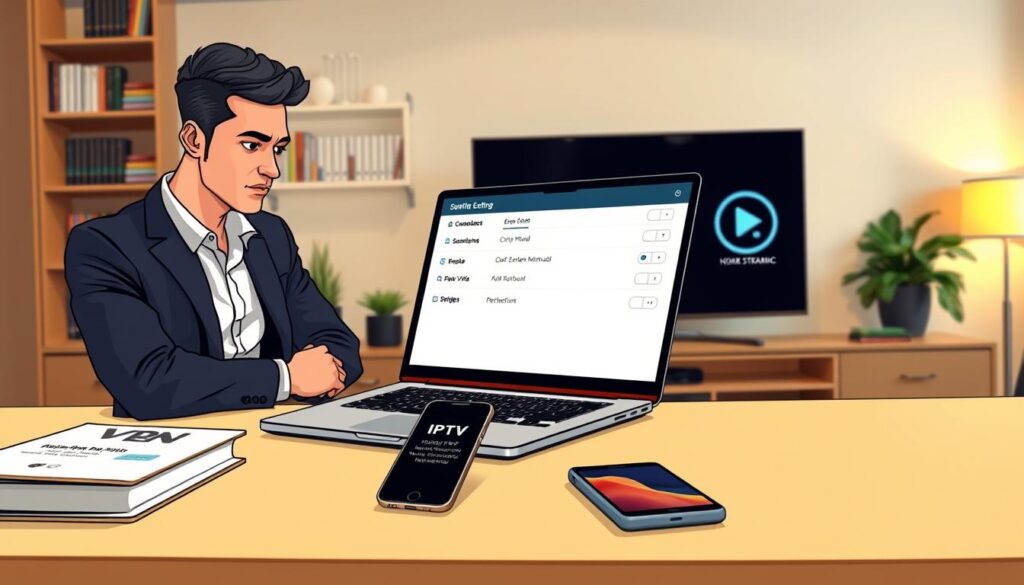 A modern workspace featuring a stylish desk with a laptop open to a VPN setup interface, displaying connectivity options for IPTV. In the foreground, a focused individual in business casual attire is examining the laptop screen, with a look of concentration. On the desk, there are technical books about IPTV and VPNs, alongside a smartphone displaying a home entertainment interface. In the background, a large smart TV is mounted on the wall, showcasing a streaming service logo. Soft, warm lighting creates an inviting atmosphere, while a slightly blurred bookshelf filled with tech manuals enhances the depth. The camera angle captures a dynamic view, highlighting both the individual’s engagement with technology and the contemporary decor of the workspace. A modern workspace featuring a stylish desk with a laptop open to a VPN setup interface, displaying connectivity options for IPTV. In the foreground, a focused individual in business casual attire is examining the laptop screen, with a look of concentration. On the desk, there are technical books about IPTV and VPNs, alongside a smartphone displaying a home entertainment interface. In the background, a large smart TV is mounted on the wall, showcasing a streaming service logo. Soft, warm lighting creates an inviting atmosphere, while a slightly blurred bookshelf filled with tech manuals enhances the depth. The camera angle captures a dynamic view, highlighting both the individual’s engagement with technology and the contemporary decor of the workspace.