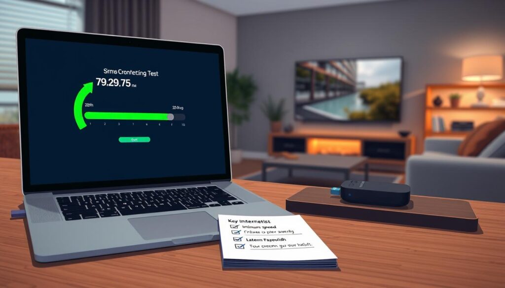 A modern workspace illustrating the concept of internet connection requirements for streaming devices. In the foreground, a laptop displays a speed test running, with bright green indicators showing optimal results. Beside the laptop, a checklist on a notepad outlines key connection parameters: minimum speed, latency, and bandwidth. In the middle ground, a sleek Roku device sits on a stylish shelf, subtly highlighted by soft ambient light. The background features a blurred view of a cozy living room with a large TV screen, indicating a connected environment. The mood is professional yet inviting, with warm lighting creating a sense of readiness and anticipation. The angle is an inviting, slightly above-eye-level perspective that draws the viewer into the scene. A modern workspace illustrating the concept of internet connection requirements for streaming devices. In the foreground, a laptop displays a speed test running, with bright green indicators showing optimal results. Beside the laptop, a checklist on a notepad outlines key connection parameters: minimum speed, latency, and bandwidth. In the middle ground, a sleek Roku device sits on a stylish shelf, subtly highlighted by soft ambient light. The background features a blurred view of a cozy living room with a large TV screen, indicating a connected environment. The mood is professional yet inviting, with warm lighting creating a sense of readiness and anticipation. The angle is an inviting, slightly above-eye-level perspective that draws the viewer into the scene.