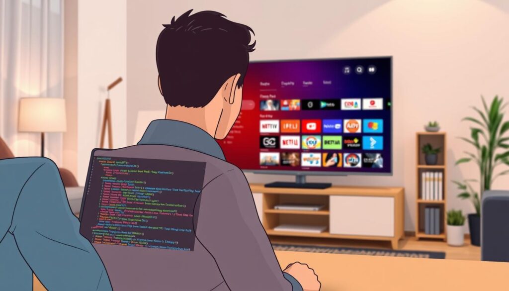 A modern workspace setting where a person in smart casual attire is configuring an IPTV subscription on a sleek smart TV. In the foreground, the individual is focused on a laptop, displaying an M3U playlist as colorful lines of code on the screen. The middle layer features the smart TV showing a vibrant interface with various channels represented in an organized grid. In the background, there is a cozy living room ambiance with soft, warm lighting, potted plants, and a subtle bookshelf. The mood is tech-savvy and inviting, emphasizing ease of use and modern technology in home entertainment. The image should be captured from a slight angle to showcase both the laptop and television effectively while maintaining a professional atmosphere. A modern workspace setting where a person in smart casual attire is configuring an IPTV subscription on a sleek smart TV. In the foreground, the individual is focused on a laptop, displaying an M3U playlist as colorful lines of code on the screen. The middle layer features the smart TV showing a vibrant interface with various channels represented in an organized grid. In the background, there is a cozy living room ambiance with soft, warm lighting, potted plants, and a subtle bookshelf. The mood is tech-savvy and inviting, emphasizing ease of use and modern technology in home entertainment. The image should be captured from a slight angle to showcase both the laptop and television effectively while maintaining a professional atmosphere.