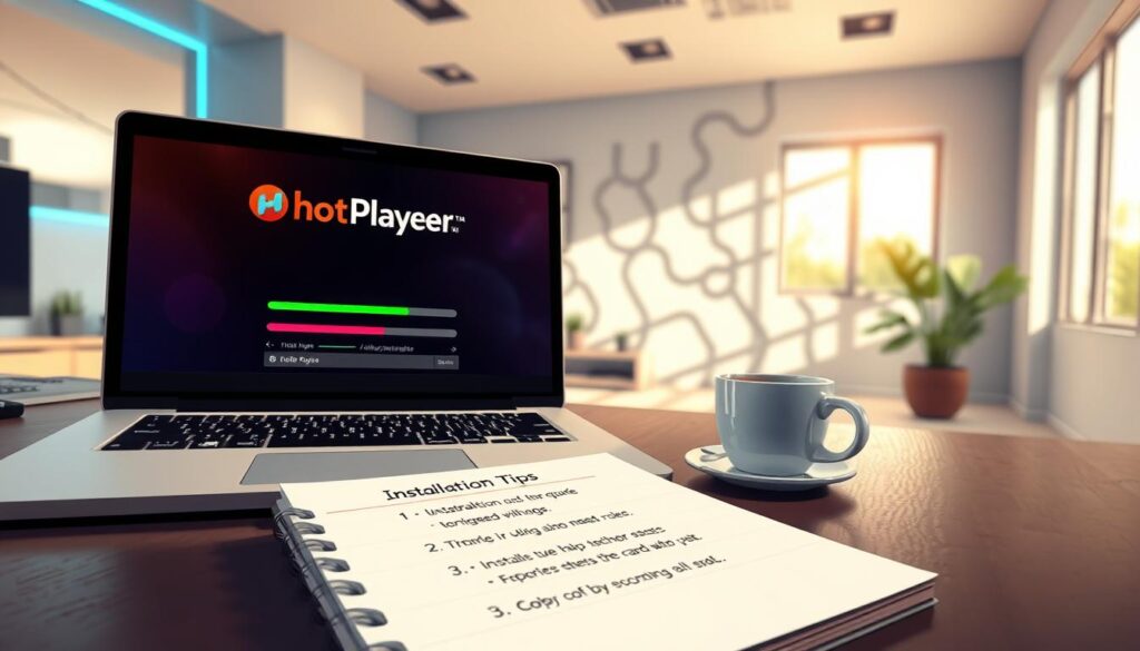 A modern workspace showcasing the "HotPlayer installation process" with intricate details. In the foreground, a sleek laptop with the HotPlayer interface displayed, colorful progress bars indicating installation stages. On the desk, a notepad with neatly organized installation tips written in a bullet-point format, and a cup of coffee beside it. In the middle ground, a well-lit room featuring a unique wall design that reflects a tech atmosphere, perhaps with some subtle blue lighting. The background features a window with natural light streaming in, casting soft shadows. The overall mood is focused and professional, with a sense of clarity and guidance, ideal for assisting users through the installation process. A modern workspace showcasing the "HotPlayer installation process" with intricate details. In the foreground, a sleek laptop with the HotPlayer interface displayed, colorful progress bars indicating installation stages. On the desk, a notepad with neatly organized installation tips written in a bullet-point format, and a cup of coffee beside it. In the middle ground, a well-lit room featuring a unique wall design that reflects a tech atmosphere, perhaps with some subtle blue lighting. The background features a window with natural light streaming in, casting soft shadows. The overall mood is focused and professional, with a sense of clarity and guidance, ideal for assisting users through the installation process.