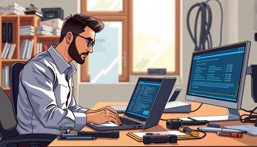 A professional IT technician in smart casual clothing, focused on solving installation issues with SET IPTV software on a Windows PC. In the foreground, the technician is seated at a desk with a laptop open, displaying troubleshooting screens and technical data. The middle ground shows tools and notes scattered around, indicating an active problem-solving environment. The background includes a bookshelf filled with technology manuals and cables, softly illuminated by natural light coming from a window. The overall atmosphere is one of concentration and diligence, capturing the challenges and solutions in optimizing software performance. The lighting is bright yet warm, creating an encouraging and productive mood.