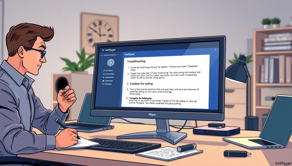 A professional desktop environment showcasing the troubleshooting and guidance for ImPlayer installation on Windows PC. In the foreground, a sleek monitor displays the ImPlayer interface, with highlighted troubleshooting tips in an organized layout. To the left, a focused individual in business casual attire intently examines the monitor, taking notes with a pen in hand. In the midground, a light wood desk is adorned with tech gadgets like a laptop, USB drives, and a notepad. The background features a well-organized tech workspace, with soft, ambient lighting creating a warm and inviting atmosphere. The scene captures a sense of concentration and professionalism, emphasizing the theme of technical support and user experience enhancement. A professional desktop environment showcasing the troubleshooting and guidance for ImPlayer installation on Windows PC. In the foreground, a sleek monitor displays the ImPlayer interface, with highlighted troubleshooting tips in an organized layout. To the left, a focused individual in business casual attire intently examines the monitor, taking notes with a pen in hand. In the midground, a light wood desk is adorned with tech gadgets like a laptop, USB drives, and a notepad. The background features a well-organized tech workspace, with soft, ambient lighting creating a warm and inviting atmosphere. The scene captures a sense of concentration and professionalism, emphasizing the theme of technical support and user experience enhancement.