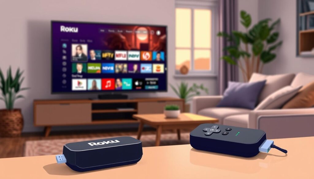 A sleek Roku device prominently displayed in the foreground, connected to a modern flat-screen television showing a vibrant IPTV interface filled with colorful streaming options. The middle ground features a stylish living room with a cozy ambiance, including a comfortable couch and decorative elements like plants and art. Soft, warm lighting creates an inviting atmosphere, enhancing the digital interaction displayed on the TV. In the background, a window allows soft natural light to filter in, suggesting a calm evening setting. The overall mood should convey a sense of easy entertainment and modern technology, focusing on alternative IPTV methods for viewing content effortlessly on a Roku device. Capture the scene from a slightly elevated angle to encompass both the device and the cozy environment without any text overlays or distractions. A sleek Roku device prominently displayed in the foreground, connected to a modern flat-screen television showing a vibrant IPTV interface filled with colorful streaming options. The middle ground features a stylish living room with a cozy ambiance, including a comfortable couch and decorative elements like plants and art. Soft, warm lighting creates an inviting atmosphere, enhancing the digital interaction displayed on the TV. In the background, a window allows soft natural light to filter in, suggesting a calm evening setting. The overall mood should convey a sense of easy entertainment and modern technology, focusing on alternative IPTV methods for viewing content effortlessly on a Roku device. Capture the scene from a slightly elevated angle to encompass both the device and the cozy environment without any text overlays or distractions.