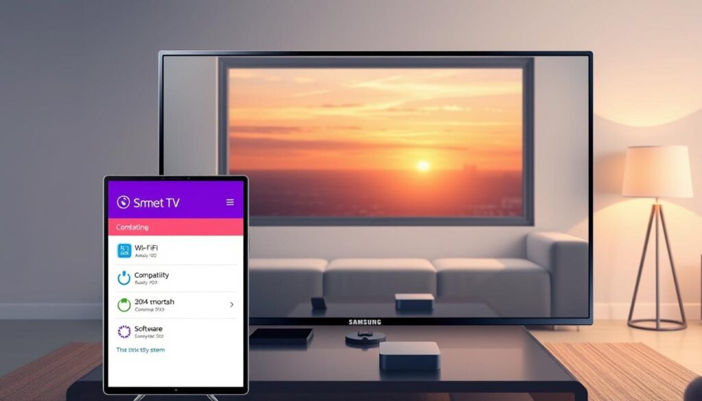 A sleek and modern Samsung Smart TV set against a minimalist living room backdrop. In the foreground, the TV is displaying a vibrant and user-friendly interface showcasing system requirements and compatibility indicators, with icons for Wi-Fi, RAM, and software version. The middle ground features a stylish coffee table with tech gadgets, creating a cozy and contemporary atmosphere. The background includes soft lighting from a lamp and a window with a gentle view of a cityscape at sunset, bringing warmth and sophistication to the scene. The image should convey a sense of advanced technology and user accessibility, with a focus on clarity and detail while maintaining a professional look. No text or watermarks present. A sleek and modern Samsung Smart TV set against a minimalist living room backdrop. In the foreground, the TV is displaying a vibrant and user-friendly interface showcasing system requirements and compatibility indicators, with icons for Wi-Fi, RAM, and software version. The middle ground features a stylish coffee table with tech gadgets, creating a cozy and contemporary atmosphere. The background includes soft lighting from a lamp and a window with a gentle view of a cityscape at sunset, bringing warmth and sophistication to the scene. The image should convey a sense of advanced technology and user accessibility, with a focus on clarity and detail while maintaining a professional look. No text or watermarks present.
