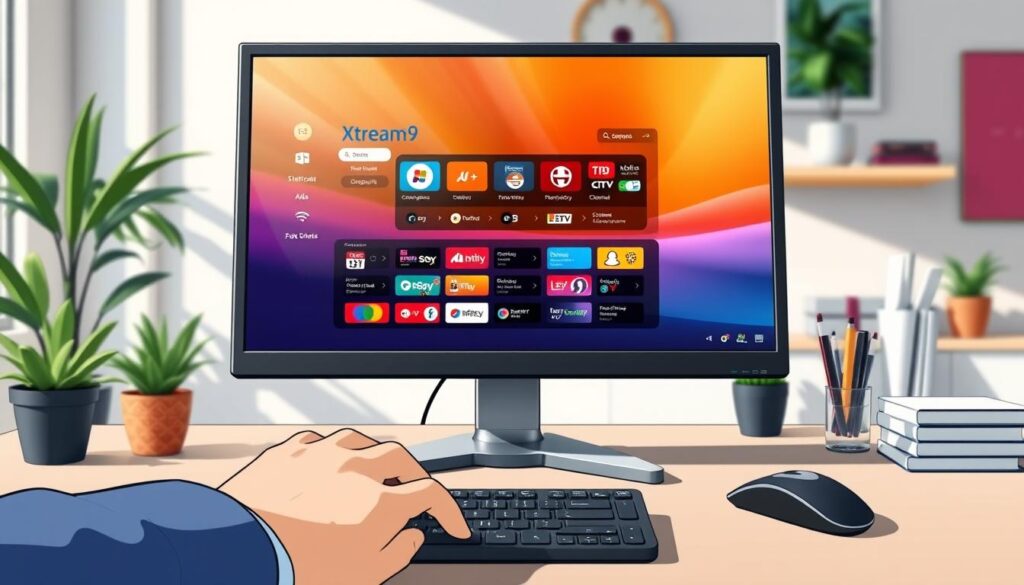 A sleek and modern desktop setup featuring the Xtream9 software interface displayed prominently on a computer monitor. In the foreground, there is a keyboard and mouse, with fingers gently typing in a professional and focused manner. The middle layer shows a vibrant, intuitive dashboard of the Xtream9 application, showcasing its key features like channel organization and streaming options. The background features soft-focus elements of a stylish office environment, including potted plants and organized stationery, conveying a sense of clarity and productivity. The lighting is bright and natural, suggesting a sunny day, with soft shadows to give depth. The mood is professional and inviting, perfect for users looking to install Xtream9 on their Windows PC.