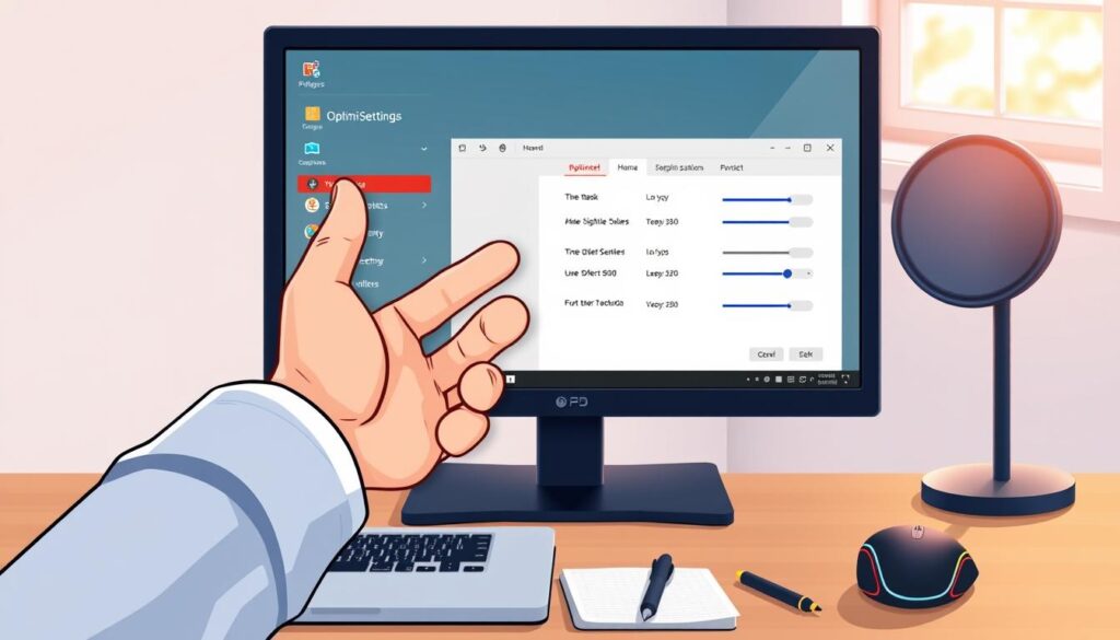 A sleek and modern desktop setup showcasing the "5KPlayer optimointiasetukset" interface on a high-resolution monitor. In the foreground, a user’s hand hovers over a laptop with an open settings window displaying vibrant icons and sliders, symbolizing optimization options. The middle layer features a beautifully designed desk with a notepad and pen, adding a touch of organization, while a stylish gaming mouse rests nearby. The background reveals a soft-focus view of a subtle window with sunlight filtering through, creating a calm and inviting atmosphere. The scene is well-lit with a warm tone, emphasizing technology and productivity. The overall mood is professional yet approachable, perfect for a user-friendly tech guide. A sleek and modern desktop setup showcasing the "5KPlayer optimointiasetukset" interface on a high-resolution monitor. In the foreground, a user’s hand hovers over a laptop with an open settings window displaying vibrant icons and sliders, symbolizing optimization options. The middle layer features a beautifully designed desk with a notepad and pen, adding a touch of organization, while a stylish gaming mouse rests nearby. The background reveals a soft-focus view of a subtle window with sunlight filtering through, creating a calm and inviting atmosphere. The scene is well-lit with a warm tone, emphasizing technology and productivity. The overall mood is professional yet approachable, perfect for a user-friendly tech guide.