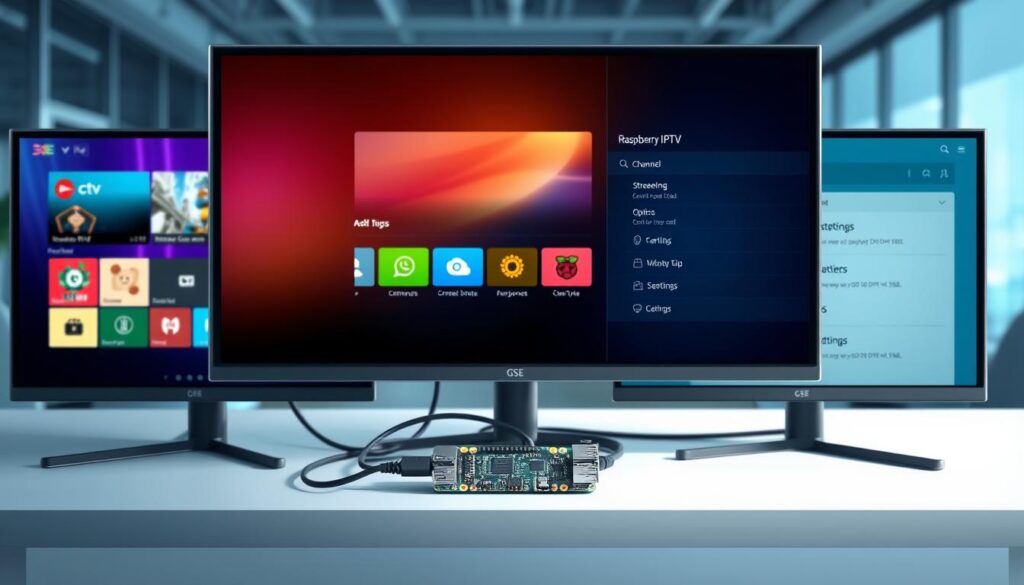 A sleek and modern digital display showcasing the different versions of GSE Smart IPTV side by side. In the foreground, focus on three distinct screens, each displaying a unique interface of the app, one with vibrant channel listings, another with streaming options, and the last featuring settings. The middle ground features a stylish Raspberry Pi device, connected to the screens, with cables neatly arranged. The background should be a soft-focus, tech-inspired office environment with subtle blue and gray tones, suggesting a professional atmosphere. Lighting is bright and evenly distributed, emphasizing the clarity of the screens. Capture from a slightly elevated angle to provide a comprehensive overview of the setup, creating a sense of innovation and technology. A sleek and modern digital display showcasing the different versions of GSE Smart IPTV side by side. In the foreground, focus on three distinct screens, each displaying a unique interface of the app, one with vibrant channel listings, another with streaming options, and the last featuring settings. The middle ground features a stylish Raspberry Pi device, connected to the screens, with cables neatly arranged. The background should be a soft-focus, tech-inspired office environment with subtle blue and gray tones, suggesting a professional atmosphere. Lighting is bright and evenly distributed, emphasizing the clarity of the screens. Capture from a slightly elevated angle to provide a comprehensive overview of the setup, creating a sense of innovation and technology.