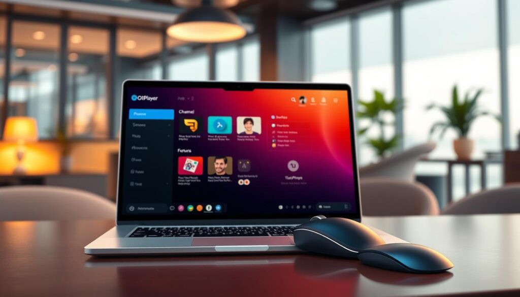 A sleek and modern digital workspace showcasing the features and management of the OttPlayer application. In the foreground, display a high-resolution laptop on a stylish desk, open to the OttPlayer interface, with vibrant icons representing features like channel management and streaming options. In the middle ground, include a close-up view of a mouse hovering over the application to suggest interaction, with a subtle reflection on the desk surface. The background features a soft-focus of a contemporary office environment with warm lighting, creating an inviting atmosphere. Utilize a slight depth-of-field effect to draw attention to the laptop while softening the background elements. The overall mood should be professional and engaging, perfect for illustrating user-friendly technology. A sleek and modern digital workspace showcasing the features and management of the OttPlayer application. In the foreground, display a high-resolution laptop on a stylish desk, open to the OttPlayer interface, with vibrant icons representing features like channel management and streaming options. In the middle ground, include a close-up view of a mouse hovering over the application to suggest interaction, with a subtle reflection on the desk surface. The background features a soft-focus of a contemporary office environment with warm lighting, creating an inviting atmosphere. Utilize a slight depth-of-field effect to draw attention to the laptop while softening the background elements. The overall mood should be professional and engaging, perfect for illustrating user-friendly technology.