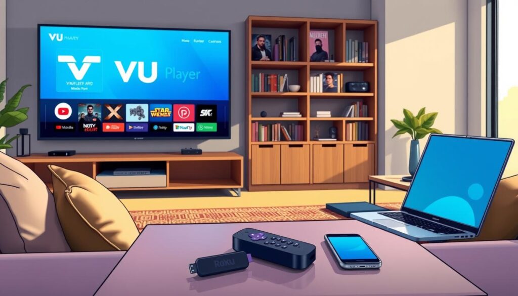 A sleek and modern living room setup featuring a large flat-screen TV displaying the VU Player Pro interface. In the foreground, a cozy couch adorned with stylish cushions invites relaxation. The middle ground shows a coffee table with a Roku streaming device alongside various compatible devices like a smartphone, tablet, and laptop, all arranged neatly. Soft lighting illuminates the room, creating a warm and welcoming atmosphere, with a soft focus on the devices to emphasize compatibility. In the background, a tasteful bookshelf filled with movies and tech gadgets enhances the tech-savvy environment. The angle of the shot is slightly elevated, capturing both the devices and the comfortable ambiance of the space, conveying a mood of efficiency and modernity.