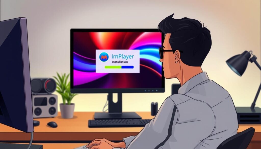 A sleek and modern workspace featuring a Windows PC displaying the ImPlayer installation interface. In the foreground, a focused individual wearing professional business attire is seated at the desk, attentively following the installation steps on the screen. The middle ground shows the PC monitor, illuminated with vibrant colors showcasing the ImPlayer logo and a progress bar for the installation process. In the background, a well-organized setup with various tech gadgets, a potted plant, and soft ambient lighting creates a calm, productive atmosphere. The angle captures both the screen and the user's engagement, emphasizing clarity and detail in the installation steps. The overall mood is focused and tech-savvy, ideal for a tutorial setting. A sleek and modern workspace featuring a Windows PC displaying the ImPlayer installation interface. In the foreground, a focused individual wearing professional business attire is seated at the desk, attentively following the installation steps on the screen. The middle ground shows the PC monitor, illuminated with vibrant colors showcasing the ImPlayer logo and a progress bar for the installation process. In the background, a well-organized setup with various tech gadgets, a potted plant, and soft ambient lighting creates a calm, productive atmosphere. The angle captures both the screen and the user's engagement, emphasizing clarity and detail in the installation steps. The overall mood is focused and tech-savvy, ideal for a tutorial setting.