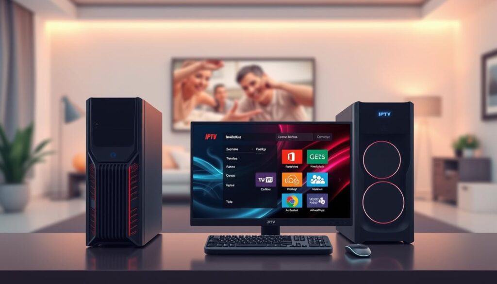 A sleek, modern IPTV player interface displayed prominently in the foreground, showcasing vibrant graphics and user-friendly navigation elements. The middle ground features a stylish desktop setup, including a high-resolution monitor, a powerful PC tower, and neatly arranged peripherals, such as a keyboard and mouse, all accentuated by ambient backlighting. In the background, blurred outlines of a cozy living environment with soft lighting create a relaxed atmosphere, suggesting a home entertainment setup. The composition employs a slight top-down angle for a professional look, emphasizing the technology and usability of the IPTV player. The overall mood is inviting and tech-savvy, perfect for illustrating system requirements and installation environments. A sleek, modern IPTV player interface displayed prominently in the foreground, showcasing vibrant graphics and user-friendly navigation elements. The middle ground features a stylish desktop setup, including a high-resolution monitor, a powerful PC tower, and neatly arranged peripherals, such as a keyboard and mouse, all accentuated by ambient backlighting. In the background, blurred outlines of a cozy living environment with soft lighting create a relaxed atmosphere, suggesting a home entertainment setup. The composition employs a slight top-down angle for a professional look, emphasizing the technology and usability of the IPTV player. The overall mood is inviting and tech-savvy, perfect for illustrating system requirements and installation environments.