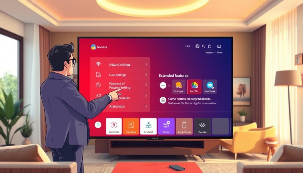 A sleek, modern Nanomid smart TV displayed prominently in a contemporary living room. In the foreground, a user in business casual attire is interacting with the TV, pointing at the screen, showcasing various extended features. Bright, ambient lighting creates a warm atmosphere, while the TV screen glows with a vibrant interface displaying advanced settings and troubleshooting options. The middle ground features stylish furniture and decorative elements like plants and art, emphasizing a tech-savvy lifestyle. In the background, a cozy window with natural light filtering in enhances the inviting mood. Capture a clear angle that highlights the interaction between the user and the TV, ensuring a sense of engagement and innovation. A sleek, modern Nanomid smart TV displayed prominently in a contemporary living room. In the foreground, a user in business casual attire is interacting with the TV, pointing at the screen, showcasing various extended features. Bright, ambient lighting creates a warm atmosphere, while the TV screen glows with a vibrant interface displaying advanced settings and troubleshooting options. The middle ground features stylish furniture and decorative elements like plants and art, emphasizing a tech-savvy lifestyle. In the background, a cozy window with natural light filtering in enhances the inviting mood. Capture a clear angle that highlights the interaction between the user and the TV, ensuring a sense of engagement and innovation.