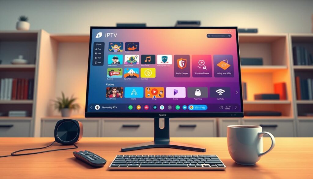 A sleek, modern computer desktop scene featuring the Nanomid IPTV Player interface displayed on a high-resolution monitor. The foreground includes a futuristic remote control subtly placed next to the keyboard, along with a cup of coffee in a minimalist mug. In the middle, the monitor shows vivid thumbnails of various IPTV channels and security features, all designed with an intuitive layout. The background consists of soft-focus shelves with tech books and devices, creating a cozy yet professional atmosphere. Warm, ambient lighting highlights the workspace, conveying a mood of productivity and security. The angle is slightly above eye level, giving a comprehensive view of the monitor and desk setup, emphasizing the advanced technology of the Nanomid IPTV Player.