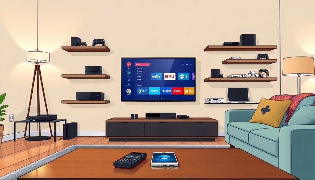 A sleek, modern living room featuring a smart TV displaying the Televizo IPTV Player interface, focusing on its compatibility with various devices. In the foreground, a stylish coffee table with a remote control and a smartphone, both indicating connectivity options. The middle ground shows the TV mounted on a wall, surrounded by shelves with streaming devices, gaming consoles, and a laptop, all symbolizing versatile compatibility. The background features a cozy couch with a colorful throw and a lamp providing warm, inviting lighting. The scene captures a calm atmosphere, signifying a seamless entertainment experience. The angle is straight-on, emphasizing the TV and its surrounding devices, creating a harmonious blend of technology and comfort.