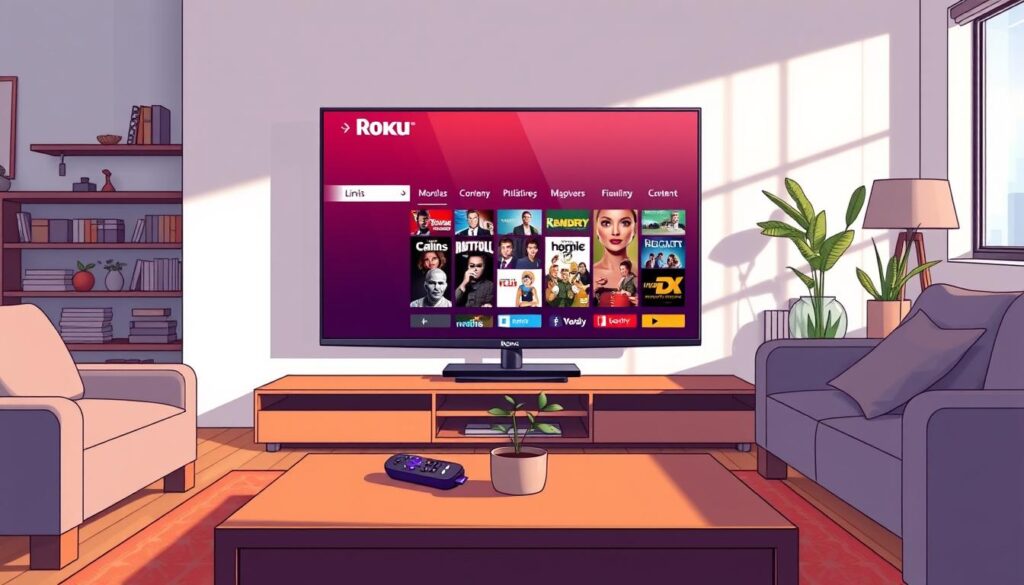 A sleek, modern living room setting featuring a large flat-screen TV displaying the Roku Channel Store interface on screen. In the foreground, a stylish coffee table holds a remote control and a small plant, while a comfortable sofa is positioned nearby. The lighting is warm and inviting, with soft sunlight filtering through a window, casting gentle shadows. In the background, shelves display a variety of decorative items and books, enhancing the cozy atmosphere. The image focuses on the Roku Channel Store's content selection, reflecting its limits and organized layout. The overall mood is informative yet relaxed, suitable for a tech-savvy audience interested in streaming options. A sleek, modern living room setting featuring a large flat-screen TV displaying the Roku Channel Store interface on screen. In the foreground, a stylish coffee table holds a remote control and a small plant, while a comfortable sofa is positioned nearby. The lighting is warm and inviting, with soft sunlight filtering through a window, casting gentle shadows. In the background, shelves display a variety of decorative items and books, enhancing the cozy atmosphere. The image focuses on the Roku Channel Store's content selection, reflecting its limits and organized layout. The overall mood is informative yet relaxed, suitable for a tech-savvy audience interested in streaming options.