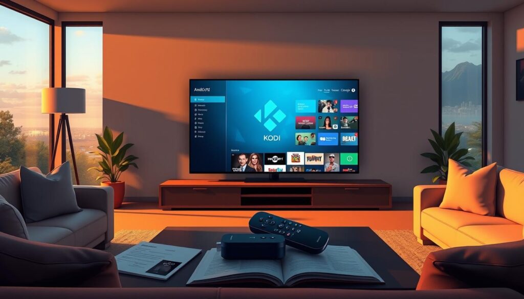 A sleek, modern living room setting with a large flat-screen TV displaying the Kodi interface prominently in the foreground. In the middle, a stylish Android device, resembling a Roku, enhances the contemporary vibe, showcasing a vivid array of streaming options. The room is bathed in warm, ambient lighting, creating a cozy atmosphere, with soft shadows cast around the furniture. A coffee table in front features a remote and an open manual, hinting at the installation process. In the background, large windows reveal a serene outdoor scene, adding a touch of nature. The overall mood is inviting and technological, emphasizing a seamless integration of Kodi on an Android Roku device.