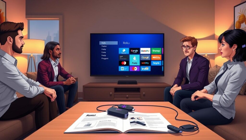 A sleek, modern living room setting with a smart TV displaying the Roku interface on the screen, showcasing the installation process of IPTVnator. In the foreground, a diverse group of two individuals—one male and one female—are focused on setting up the Roku device, dressed in smart casual attire. The middle ground features a neatly organized coffee table with an opened instruction manual, a Roku device, and various cables, illuminated by soft, warm lighting to create an inviting atmosphere. The background should include a cozy sofa and tasteful decor, emphasizing a high-tech yet homely feel. Capture the scene from a slight overhead angle, ensuring clarity and depth, while maintaining a professional and instructional mood. A sleek, modern living room setting with a smart TV displaying the Roku interface on the screen, showcasing the installation process of IPTVnator. In the foreground, a diverse group of two individuals—one male and one female—are focused on setting up the Roku device, dressed in smart casual attire. The middle ground features a neatly organized coffee table with an opened instruction manual, a Roku device, and various cables, illuminated by soft, warm lighting to create an inviting atmosphere. The background should include a cozy sofa and tasteful decor, emphasizing a high-tech yet homely feel. Capture the scene from a slight overhead angle, ensuring clarity and depth, while maintaining a professional and instructional mood.