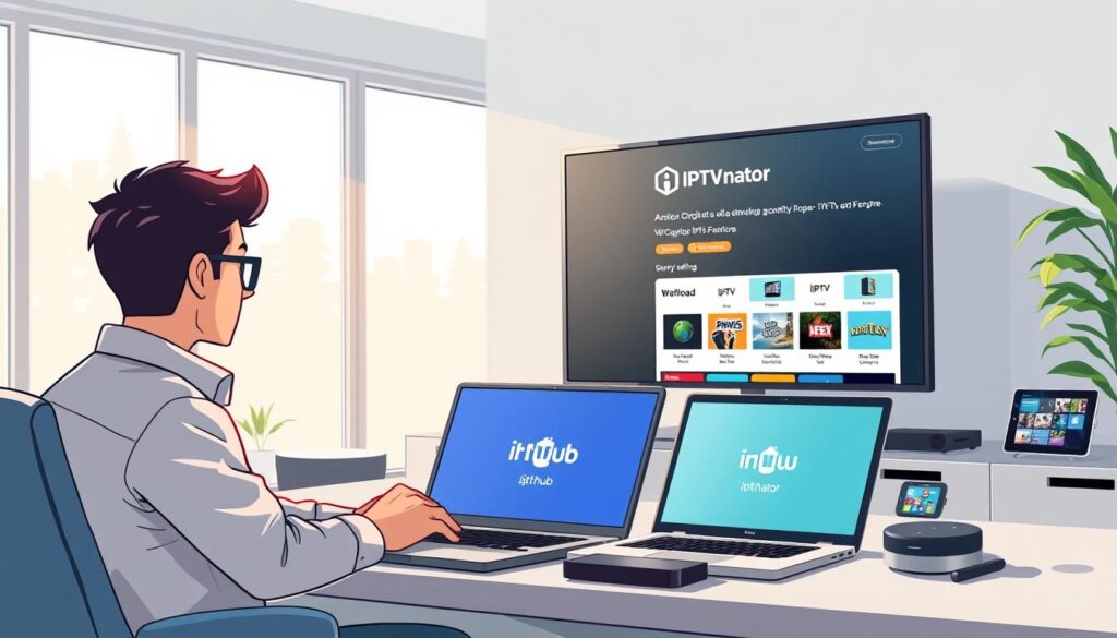 A sleek, modern workspace featuring a large flat-screen TV displaying the IPTVnator GitHub interface on a well-organized desktop. In the foreground, a person in smart casual attire is focused on downloading software, with a laptop open beside them, showcasing the IPTVnator logo on the screen. The middle section highlights various tech gadgets, like a streaming device and a tablet displaying IPTV content, hinting at the functionality of IPTVnator. The background features a light and airy room with large windows allowing soft daylight to pour in, creating a bright and inviting atmosphere. The overall mood is productive and engaging, reflecting the excitement of installing and updating IPTV software. Use a wide-angle lens for depth and clarity.