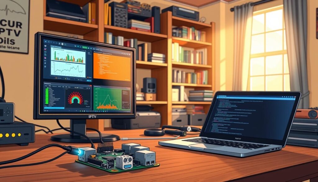 A technical workspace featuring a Raspberry Pi setup for IPTV troubleshooting. In the foreground, a desktop with a Raspberry Pi connected to a TV display, showcasing various troubleshooting screens and graphs. Include a multi-colored LED indicator light on the Pi, glowing softly to signify activity. The middle area shows a cozy room with shelves filled with tech books and tools, while a laptop is slightly open, displaying system logs. The background includes a window with natural light streaming in, casting soft shadows across the scene. Use warm lighting to create an inviting atmosphere, and depict the image from a slightly elevated angle to give a comprehensive view of the setup. Ensure all items are neatly arranged, conveying a sense of professionalism and focus. A technical workspace featuring a Raspberry Pi setup for IPTV troubleshooting. In the foreground, a desktop with a Raspberry Pi connected to a TV display, showcasing various troubleshooting screens and graphs. Include a multi-colored LED indicator light on the Pi, glowing softly to signify activity. The middle area shows a cozy room with shelves filled with tech books and tools, while a laptop is slightly open, displaying system logs. The background includes a window with natural light streaming in, casting soft shadows across the scene. Use warm lighting to create an inviting atmosphere, and depict the image from a slightly elevated angle to give a comprehensive view of the setup. Ensure all items are neatly arranged, conveying a sense of professionalism and focus.
