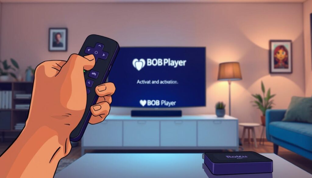 A vibrant and detailed scene depicting a living room setup with a Roku streaming device prominently displayed on a stylish media console. In the foreground, show a close-up of a hand holding a remote control, poised above the Roku device, emphasizing interaction and engagement. In the middle ground, portray a sleek television screen showcasing the BOB Player logo and activation interface, bright and inviting. The background features a cozy, well-lit room with soft ambient lighting, providing a warm and welcoming atmosphere, complemented by modern furniture and decor. The angle should be slightly elevated, capturing both the remote control and the TV screen, creating a sense of immediacy and focus on the activation process. The overall mood should be friendly and approachable, encouraging users to explore the setup with ease. A vibrant and detailed scene depicting a living room setup with a Roku streaming device prominently displayed on a stylish media console. In the foreground, show a close-up of a hand holding a remote control, poised above the Roku device, emphasizing interaction and engagement. In the middle ground, portray a sleek television screen showcasing the BOB Player logo and activation interface, bright and inviting. The background features a cozy, well-lit room with soft ambient lighting, providing a warm and welcoming atmosphere, complemented by modern furniture and decor. The angle should be slightly elevated, capturing both the remote control and the TV screen, creating a sense of immediacy and focus on the activation process. The overall mood should be friendly and approachable, encouraging users to explore the setup with ease.