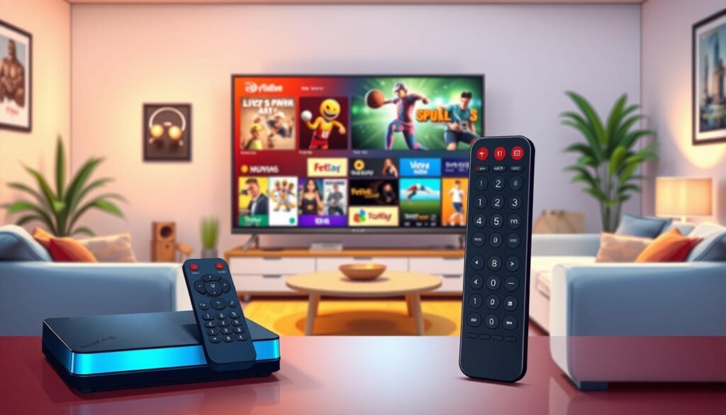 A vibrant, detailed illustration showcasing the features of an IPTVnator video streaming device. In the foreground, display a sleek IPTVnator device with illuminated buttons and a modern remote control, emphasizing its user-friendly design. In the middle ground, depict a large, high-definition television screen displaying colorful, dynamic content options such as movies, live sports, and TV shows. The background should feature a cozy living room environment with entertainment elements like a stylish couch and ambient lighting creating a warm atmosphere. Use soft, natural lighting to enhance the modern technology feel, and incorporate perspectives that invite viewers into the scene, showcasing the IPTVnator's versatility and entertainment capabilities. A vibrant, detailed illustration showcasing the features of an IPTVnator video streaming device. In the foreground, display a sleek IPTVnator device with illuminated buttons and a modern remote control, emphasizing its user-friendly design. In the middle ground, depict a large, high-definition television screen displaying colorful, dynamic content options such as movies, live sports, and TV shows. The background should feature a cozy living room environment with entertainment elements like a stylish couch and ambient lighting creating a warm atmosphere. Use soft, natural lighting to enhance the modern technology feel, and incorporate perspectives that invite viewers into the scene, showcasing the IPTVnator's versatility and entertainment capabilities.