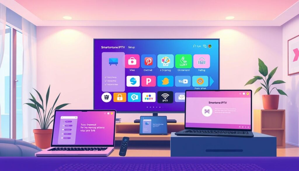 A vibrant digital illustration showcasing the key features and benefits of Smartone IPTV. In the foreground, display a sleek modern TV screen featuring a user-friendly interface with vivid icons representing various TV channels, video on demand, and streaming options. In the middle, incorporate elements like a smart remote control and a laptop displaying the Smartone IPTV setup interface. The background should feature a cozy living room setting, with soft, ambient lighting to create a warm and inviting atmosphere. Use a wide-angle perspective to capture a sense of depth, ensuring everything is well-composed and visually appealing. Emphasize a clean and modern aesthetic, reflecting the advanced technology of Smartone IPTV while maintaining a professional and engaging mood.