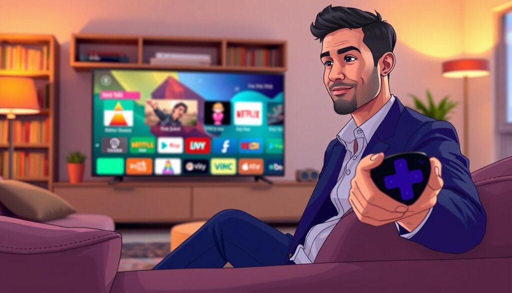 A vibrant living room scene showcasing a person selecting channels on a Roku device. In the foreground, a mid-30s male wearing a smart casual outfit is seated on a comfortable sofa, holding a Roku remote with a focused expression. The middle layer features a large flat-screen TV displaying a colorful user interface of streaming channels, with icons from various IPTV applications visible. The background includes a cozy bookshelf and warm lighting from a floor lamp, creating an inviting atmosphere. The image captures a modern home setup, emphasizing technology and leisure, with a soft focus on the Roku device to draw attention to the main subject of channel selection. The lighting is warm and natural, adding to the relaxed mood of the scene. A vibrant living room scene showcasing a person selecting channels on a Roku device. In the foreground, a mid-30s male wearing a smart casual outfit is seated on a comfortable sofa, holding a Roku remote with a focused expression. The middle layer features a large flat-screen TV displaying a colorful user interface of streaming channels, with icons from various IPTV applications visible. The background includes a cozy bookshelf and warm lighting from a floor lamp, creating an inviting atmosphere. The image captures a modern home setup, emphasizing technology and leisure, with a soft focus on the Roku device to draw attention to the main subject of channel selection. The lighting is warm and natural, adding to the relaxed mood of the scene.
