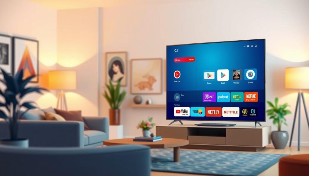 A visually engaging and informative scene showcasing the key features of the Ibo Player on a smart TV. In the foreground, a sleek smart TV display highlights the user interface of the Ibo Player, showcasing vibrant icons and a modern design. The middle ground includes a stylish, contemporary living room with a comfortable couch and decorative elements like plants and art, emphasizing a cozy atmosphere. The background features soft, ambient lighting from warm lamps, creating a welcoming and inviting mood. The scene should have a slight focus on the TV, captured from a slightly elevated angle, emphasizing its importance as a central entertainment hub. Overall, the image should feel modern and tech-savvy, reflecting the innovative nature of the Ibo Player. A visually engaging and informative scene showcasing the key features of the Ibo Player on a smart TV. In the foreground, a sleek smart TV display highlights the user interface of the Ibo Player, showcasing vibrant icons and a modern design. The middle ground includes a stylish, contemporary living room with a comfortable couch and decorative elements like plants and art, emphasizing a cozy atmosphere. The background features soft, ambient lighting from warm lamps, creating a welcoming and inviting mood. The scene should have a slight focus on the TV, captured from a slightly elevated angle, emphasizing its importance as a central entertainment hub. Overall, the image should feel modern and tech-savvy, reflecting the innovative nature of the Ibo Player.