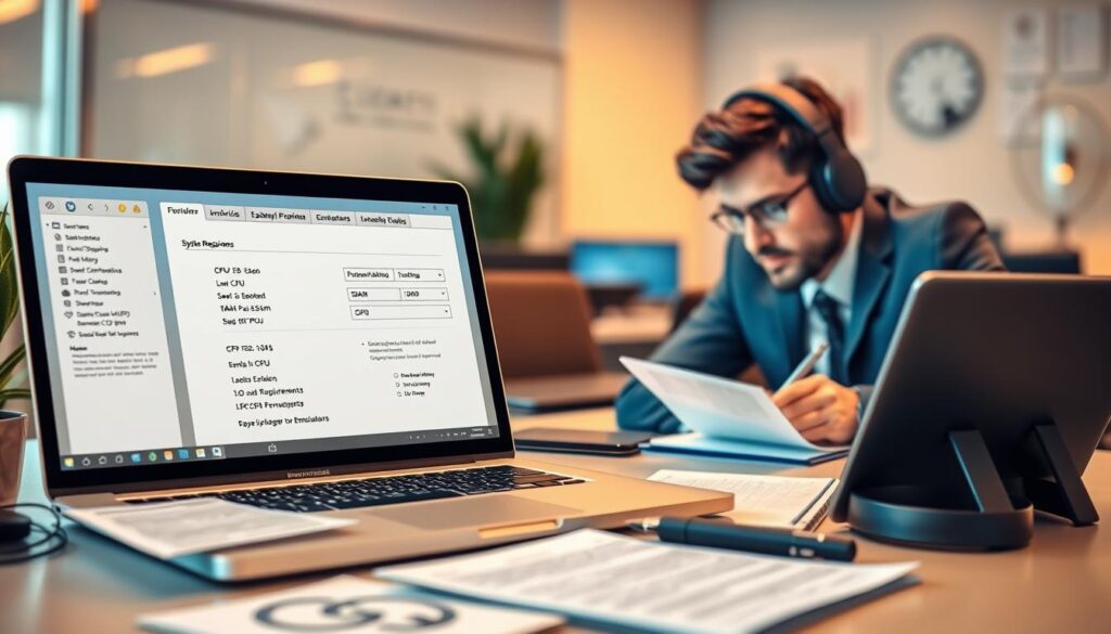 A visually engaging composition depicting system requirements for emulators, set in a modern office environment. In the foreground, a sleek laptop with an open software interface showcasing system specifications like CPU, RAM, and GPU requirements, surrounded by technical documentation. The middle ground features a professional individual in smart casual attire, deeply focused on the laptop screen, with a notepad and pen nearby for notes. In the background, a well-organized desk with additional tech accessories like headphones and a tablet. Soft, warm lighting creates an inviting atmosphere, with a slight bokeh effect on the background to emphasize the subject. This image embodies a sense of clarity and professionalism, ideal for tech discussions.