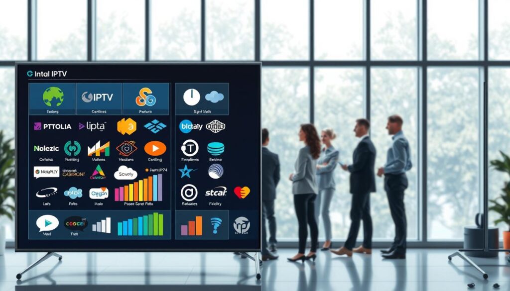 A visually engaging image representing a comparison of IPTV service providers. In the foreground, a sleek, modern digital interface displays vibrant charts and icons of popular IPTV logos, symbolizing a variety of service options. The middle ground features a diverse group of professionals (in professional business attire) gathered around a large screen, discussing and analyzing IPTV features. The background depicts a modern office space with large windows, allowing natural light to create a bright, inviting atmosphere. The overall mood is informative and collaborative, highlighting the theme of choices in the IPTV market, with soft lighting and a clean, organized layout. The perspective is slightly angled from above, capturing the dynamics of the discussion and the detailed interface. A visually engaging image representing a comparison of IPTV service providers. In the foreground, a sleek, modern digital interface displays vibrant charts and icons of popular IPTV logos, symbolizing a variety of service options. The middle ground features a diverse group of professionals (in professional business attire) gathered around a large screen, discussing and analyzing IPTV features. The background depicts a modern office space with large windows, allowing natural light to create a bright, inviting atmosphere. The overall mood is informative and collaborative, highlighting the theme of choices in the IPTV market, with soft lighting and a clean, organized layout. The perspective is slightly angled from above, capturing the dynamics of the discussion and the detailed interface.