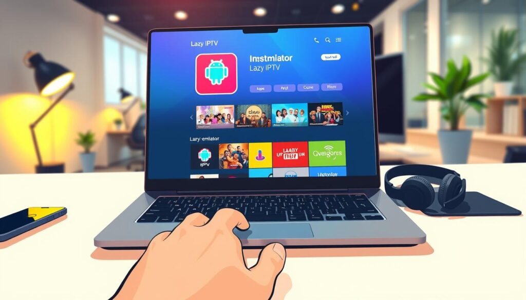 A vivid depiction of a digital workspace showcasing the installation of an Android emulator for Lazy IPTV. In the foreground, a sleek laptop with a bright screen displays the Android emulator interface, featuring the Lazy IPTV app in vibrant colors. A hand poised over the keyboard suggests active engagement. In the middle ground, a well-organized desktop with tech gadgets, such as a smartphone and headphones, enhances the tech-savvy atmosphere. The background features blurred elements of a modern office space, lightly illuminated by soft, warm lighting, creating an inviting mood. The scene conveys a sense of focus and productivity, emphasizing the seamless integration of technology into daily life. The angle is slightly above eye-level for an inclusive perspective, capturing the essence of a modern tech setup. A vivid depiction of a digital workspace showcasing the installation of an Android emulator for Lazy IPTV. In the foreground, a sleek laptop with a bright screen displays the Android emulator interface, featuring the Lazy IPTV app in vibrant colors. A hand poised over the keyboard suggests active engagement. In the middle ground, a well-organized desktop with tech gadgets, such as a smartphone and headphones, enhances the tech-savvy atmosphere. The background features blurred elements of a modern office space, lightly illuminated by soft, warm lighting, creating an inviting mood. The scene conveys a sense of focus and productivity, emphasizing the seamless integration of technology into daily life. The angle is slightly above eye-level for an inclusive perspective, capturing the essence of a modern tech setup.