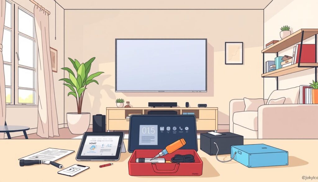 A well-lit home office setting featuring a modern smart TV in the center of a stylish living room, with various preparation tools scattered around. In the foreground, an organized workspace includes a tablet displaying setup instructions, a toolbox filled with essential tools like a screwdriver, and a box of cables labeled for different connections. In the middle, the smart TV is mounted on the wall, showing a sleek home screen interface. The background includes a comfortable couch and decorative shelves with tech books, creating an inviting atmosphere. Soft, natural light pours in from a window, illuminating the scene and adding a warm, effortless feel to the image. The entire setup conveys a mood of anticipation and readiness for a successful installation.