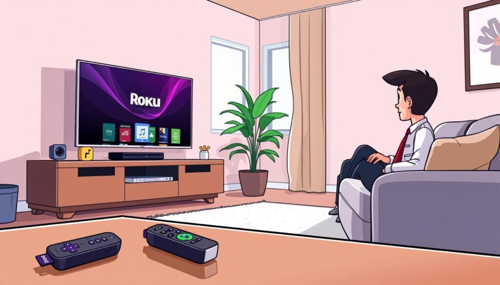 A well-lit living room scene featuring a modern Roku streaming device and a sleek television screen displaying the ibo player interface. In the foreground, there are a couple of remote controls laying on a stylish coffee table, and a person in professional business attire sitting comfortably on a couch, focused on the screen. The middle ground includes a vibrant plant and a soft rug, adding warmth to the atmosphere. In the background, a bright window lets in natural light, creating a cozy ambiance. The image conveys a mood of engaging technology use, with an emphasis on the simplicity of installing ibo player on Roku. The angle is slightly above eye level, providing a clear view of both the person and the TV screen. A well-lit living room scene featuring a modern Roku streaming device and a sleek television screen displaying the ibo player interface. In the foreground, there are a couple of remote controls laying on a stylish coffee table, and a person in professional business attire sitting comfortably on a couch, focused on the screen. The middle ground includes a vibrant plant and a soft rug, adding warmth to the atmosphere. In the background, a bright window lets in natural light, creating a cozy ambiance. The image conveys a mood of engaging technology use, with an emphasis on the simplicity of installing ibo player on Roku. The angle is slightly above eye level, providing a clear view of both the person and the TV screen.