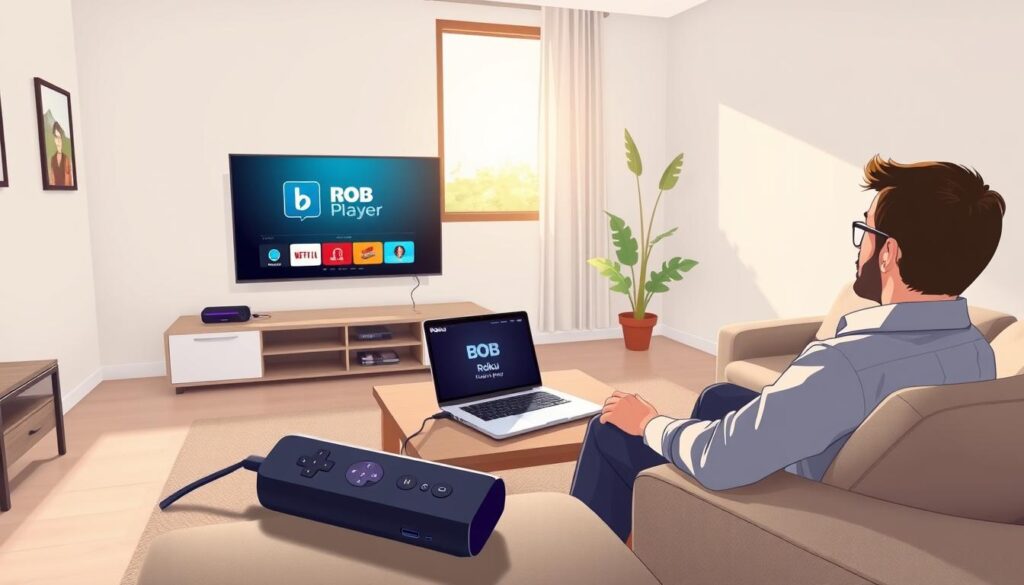 A well-lit living room setting, showcasing a sleek Roku device connected to a modern TV displaying the BOB Player interface. In the foreground, a user in casual, professional attire is seated on a comfortable couch, intently following installation steps illustrated on the TV screen. The middle ground features a coffee table with a laptop open beside the Roku device, displaying the BOB Player download page. Soft, ambient lighting creates a cozy atmosphere, while a window in the background reveals a sunny day outside, enhancing the inviting mood. Use a wide-angle lens perspective to capture the entire room, highlighting the interactive experience of setting up BOB Player on Roku. A well-lit living room setting, showcasing a sleek Roku device connected to a modern TV displaying the BOB Player interface. In the foreground, a user in casual, professional attire is seated on a comfortable couch, intently following installation steps illustrated on the TV screen. The middle ground features a coffee table with a laptop open beside the Roku device, displaying the BOB Player download page. Soft, ambient lighting creates a cozy atmosphere, while a window in the background reveals a sunny day outside, enhancing the inviting mood. Use a wide-angle lens perspective to capture the entire room, highlighting the interactive experience of setting up BOB Player on Roku.