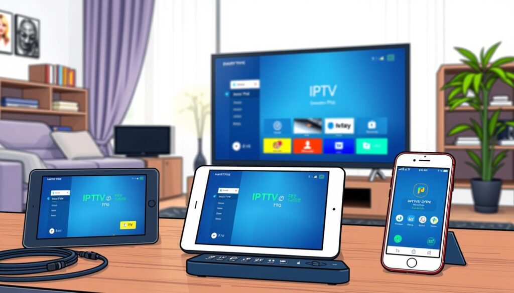 A well-organized workspace featuring an IPTV Smarters Pro setup, with a sleek smart TV displaying the IPTV interface. In the foreground, a modern tablet and a smartphone showcase the IPTV Smarters Pro application. The middle ground includes various necessary equipment such as HDMI cables, a Wi-Fi router, and a remote control neatly arranged. The background features a cozy living room ambiance, with soft natural light streaming in through a nearby window, enhancing the inviting atmosphere. The scene is framed from a slightly elevated angle to capture the workspace's details, creating a professional and informative mood. The overall image should convey preparation and readiness for setting up IPTV Smarters Pro effectively. A well-organized workspace featuring an IPTV Smarters Pro setup, with a sleek smart TV displaying the IPTV interface. In the foreground, a modern tablet and a smartphone showcase the IPTV Smarters Pro application. The middle ground includes various necessary equipment such as HDMI cables, a Wi-Fi router, and a remote control neatly arranged. The background features a cozy living room ambiance, with soft natural light streaming in through a nearby window, enhancing the inviting atmosphere. The scene is framed from a slightly elevated angle to capture the workspace's details, creating a professional and informative mood. The overall image should convey preparation and readiness for setting up IPTV Smarters Pro effectively.