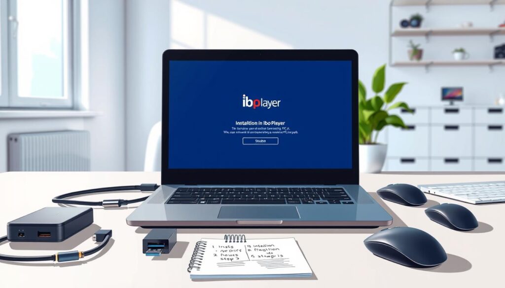 A well-organized workspace for the installation of Ibo Player on a Windows PC. In the foreground, a sleek laptop sits open, displaying the Ibo Player installation screen, illuminated by a soft blue light. Beside it, an external hard drive and USB stick are neatly arranged. In the middle ground, various computer components like a mouse, keyboard, and a notepad with installation steps are visible, reflecting a sense of preparation and focus. The background features a bright, uncluttered office setting with a minimalistic desk and a potted plant adding a touch of greenery. The atmosphere is professional and calm, with natural light streaming in from a nearby window, creating a serene workspace ambience that encourages productivity and attention to detail.